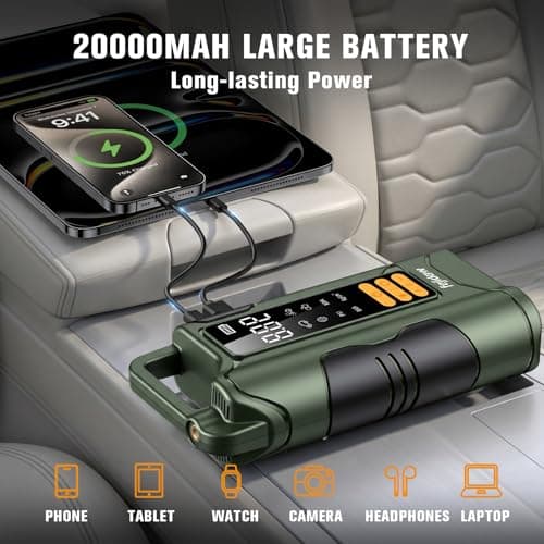 Jump Starter with Air Compressor,5000A Car Battery Jumper Starter, 16000mAh Battery Jumper Starter Portable for 10L Gas/Diesel Engine with 160PSI Booster,LED Display & Light,Jumper Cables - Thumbnail 3