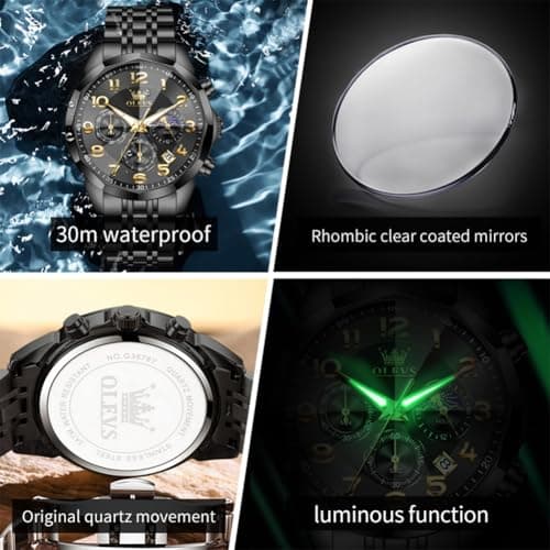 OLEVS Watch Men Black Watches for Men Luxury Big Face Stainless Steel Dress Analog Quartz Easy Read Mens Watches Classic Casual Waterproof Moon Phase Chronograph Men's Watch - Thumbnail 5