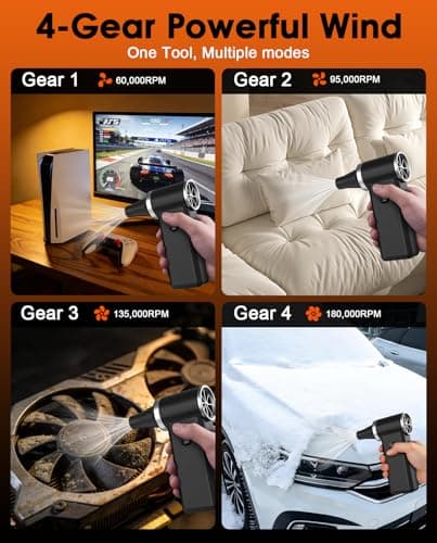 Efficore Super Power Compressed Air Duster, 180K RPM Brushless Motor, 45W Fast Charge; 4 Gears Adjustable Cordless Electric Air Duster; Rechargeable Air Blower for PC, Car, House, Outdoor Cleaning - Thumbnail 5