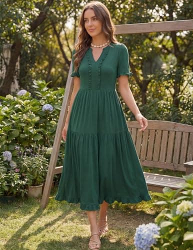 MEROKEETY Women's 2026 Summer Casual Midi Dress Short Sleeve V Neck A Line Flowy Tiered Vacation Beach Dresses, DarkGreen, Medium - Thumbnail 2