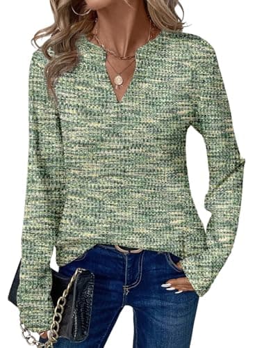Dokotoo Spring Tops for Women 2026 Womens Long Sleeve V Neck Waffle Knit Tops Henley Shirts Women Blouses Dressy Casual Business Casual Outfits Fashion Clothing Green Tops Trendy XXL - Image 1