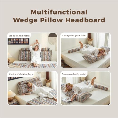 ZERALIVEN Boho Headboard Pillow for Full, Large Triangular Wedge Pillow for Headboard Gap, Daybed for Sitting Up in Bed, Couch or Sofa with Removable Washable Cover and Side Pockets, Twilight Bloom - Thumbnail 3