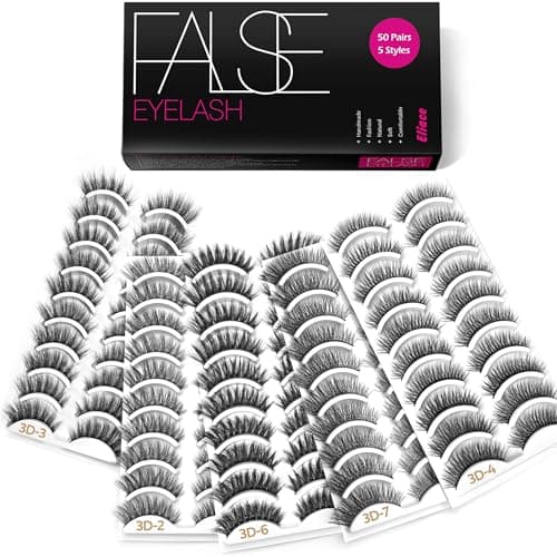 Eliace Eyelashes, (50 Pairs,5 Styles) Luxurious Faux Mink Lashes Natural Look Wispy Fluffy Handmade Cat Eye False Lash Pack, False Eyelashes Set, Fake Lashes Strips, Makeup Fake Eyelashes Pack - Image 1