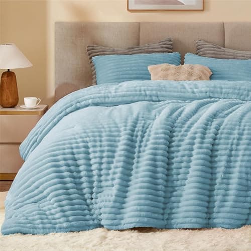 BEDELITE Fleece California King Comforter Set -Super Soft & Warm Fluffy Light Blue Bedding, Luxury Fuzzy Heavy Bed Set for Winter with 2 Pillow Cases