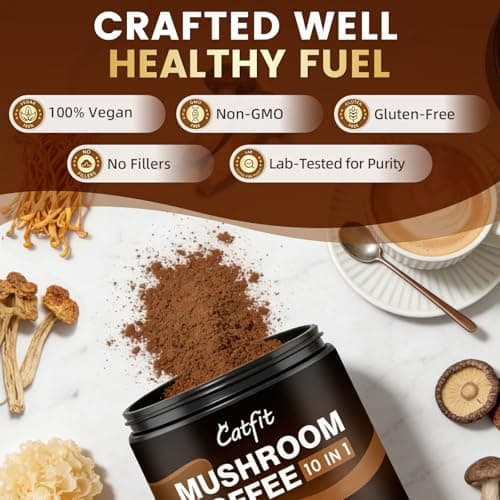 Catfit Instant Mushroom Coffee Powder, 10-in-1 Adaptogen Blend with Lion's Mane, Chaga & Cordyceps for Energy, Focus, Gut Health & Immune Support - 240g, 75 Servings - Thumbnail 5