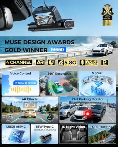 AZDOME 360° 4 Channel Dash Cam Front and Rear Inside, Built-in 128GB eMMC, 2K+1080P*3 Dashcam, Left Right, Voice Control, 5G WiFi Dash Camera for Cars with 4 Adjustable Lenses, IR Night Vision, M660 - Thumbnail 3