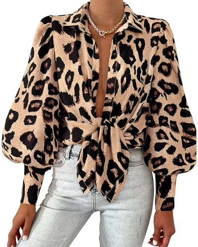 BTFBM Women Fashion Button Down Shirts 2026 V Neck Boho Printed Long Sleeve Blouses Dressy Casual Spring Fall Tops(Leopard Print, Medium) - Image 1