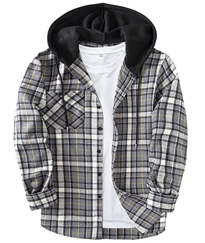 Men's Flannel Hoodie Shirts Long Sleeve Stylish Hooded with Pocket Casual Button Down Plaid Shirt Jackets for Men Grey 3XL - Image 1