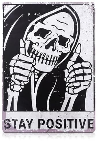 Halloween Skull Decor for Home – Stay Positive Tin Signs Vintage Style 8×12 Inch – Easy to Hang Halloween Wall Decor, Funny Metal Signs for Bedroom, Living Room, Garage, Office – Indoor/Outdoor Use