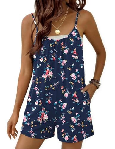 Ekouaer Sleeveless Rompers for Women Summer Casual Spaghetti Strap Shorts Overalls Jumpsuits Beach Outfits With Pockets Navy Blue Floral X-Large - Image 1