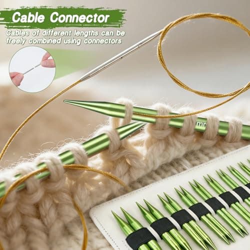 TRILVIX Knitting Needles Set, 13 Pairs Aluminum Interchangeable Circular Knitting Needles Set 4 Inch with 4 Cables, Accessories and Storage Bag for Multiple Knitting Projects Green - Thumbnail 5