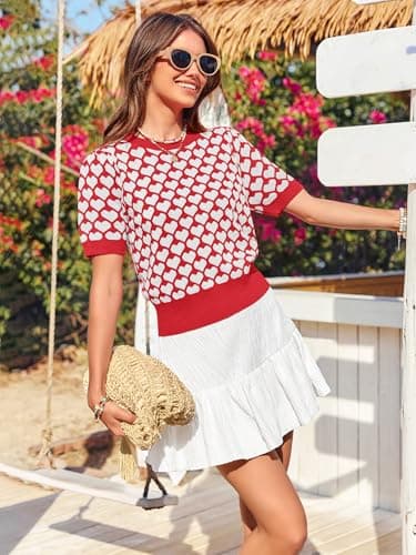 Women Puff Short Sleeve Sweater Casual Cropped Knit Shirts Cute Heart Holidays Graphic Print Pullover Jumper Tops 2025 Red - Thumbnail 4