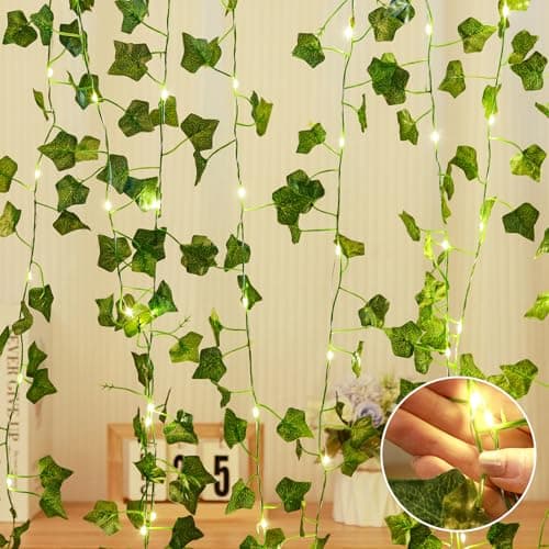LHYLDS 33Ft Vines with Lights Battery Operated, 100 LED Artificial Ivy Garland String Lights Fake Green Leaf Fairy Light for Bedroom,Room,Wall Garden, Party, Wedding Birthday Party Decor (Warm White) - Thumbnail 2