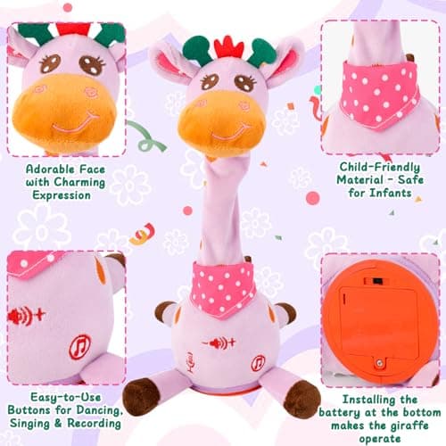 MIAODAM Dancing Giraffe Singing 10 Children's Song, Stuffed Baby Toy Repeats What You Say, Christmas Colorful Glowing Plush Interactive Toys Easter Day Gifts for Kids (Purple Giraffe) - Thumbnail 4