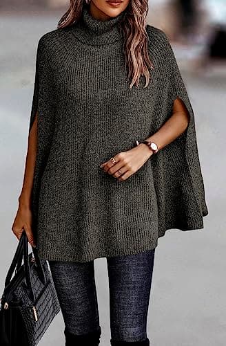 KIRUNDO Women's 2026 Fall Winter Turtleneck Poncho Sweater Fashion Chunky Knit Cape Wrap Sweaters Pullover Jumper Tops(Army Green, X-Large) - Thumbnail 2