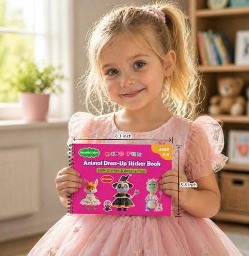 Dino Fun Animal Dress-Up Sticker Book for Kids - Reusable Sticker Pad for Toddlers 2-4 Years, Includes 12 Animals & 200+ Outfits, Travel Activity Toys and Quiet Book Gifts for Girls - Thumbnail 5