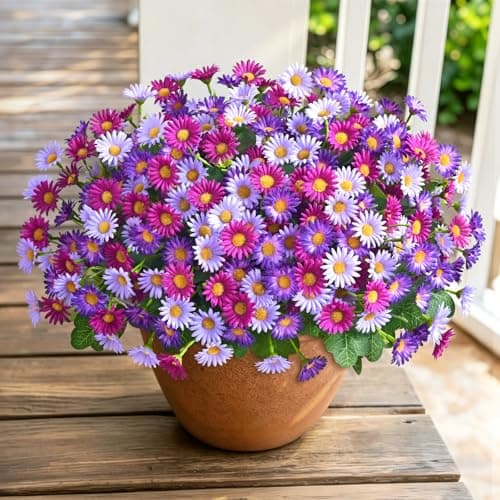 Realistic Artificial Flowers for Outdoors, 6 Bundles Full Daisy UV Resistant Artificial Outdoor Flowers, Faux Flowers for Outdoor Planters, Outdoor Fake Plants for Summer Front Door Yard Garden Home