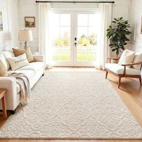 U'Artlines 8x10ft Washable Area Rug for Living Room, Neutral Beige Modern High-Low Pile Rug for Bedroom, Non Slip Soft Cozy Fluffy Large Floor Carpet for Dining Area, Kids Nursery Room - Image 1