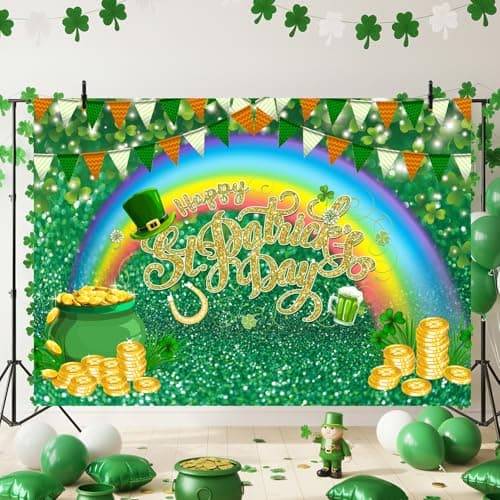 Happy St. Patrick's Day Backdrop Spring Irish Green Lucky Shamrock Leaves Photo Background for Saint Patrick's Day Birthday Baby Shower Party Decorations Photo Booth Props 5x3ft - Image 1