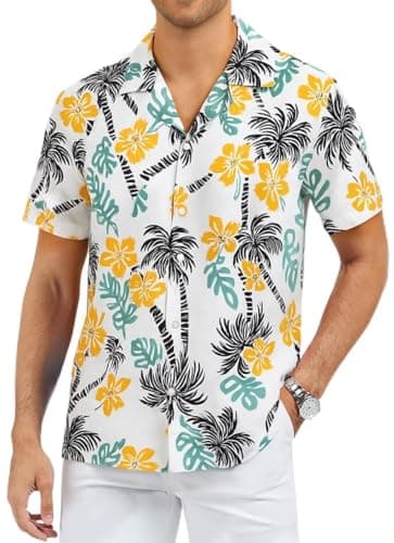 ASTRYON Hawaiian Shirt for Men Short Sleeve Floral Palm Button Down Tropical Vacation Beach Shirt (US, Alpha, X-Large, Regular, Regular, White and Yellow and Blue)