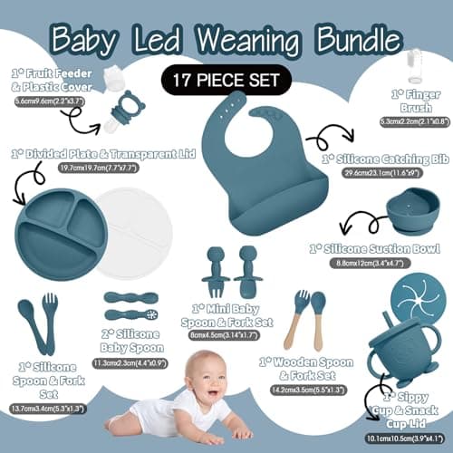 Baby Led Weaning Supplies, 17 Piece BPA-Free Silicone Feeding Set, Eating Essentials Baby Utensils with Suction Plate and Bowl, Pocket Bib, Sippy Cup with Lid, for 6+ Months, Blue - Thumbnail 2