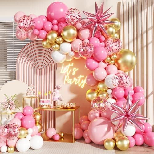 Pink White Gold Balloon Garland Arch Kit, 140Pcs Hot Pastel Pink Gold White Confetti Balloons With Stars for Birthday Wedding Birdal Shower Gender Reveal Graduation Party Decorations - Image 1