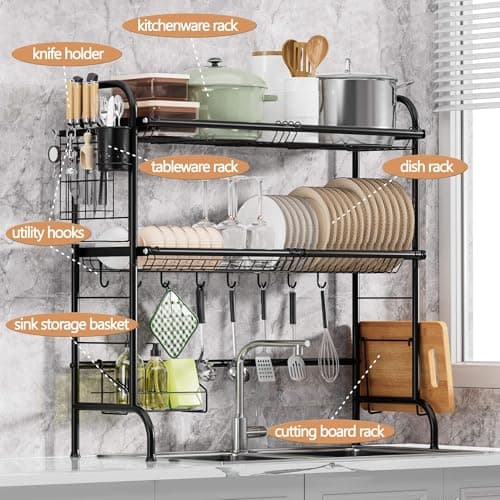 MOUKABAL Dish Drying Rack - Stainless Steel Over The Sink Dish Drying Rack (Expandable Length), 2 Tier Large Dish Rack with Utensil Holder, 32.3" - 33.9"(L) x 11.4"(W) x 32.3"(H) Black - Thumbnail 2
