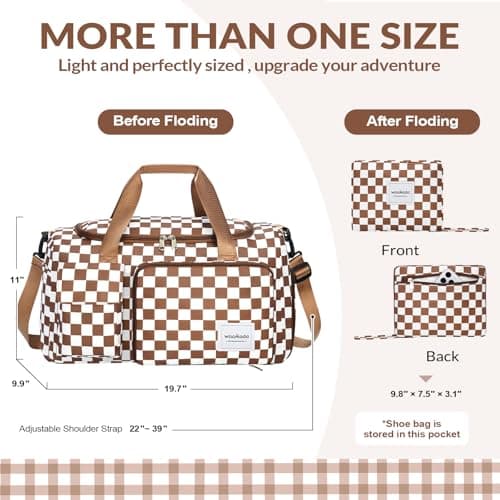 WOOMADA Foldable Travel Duffel Bag for Women, Weekender Bags with Shoes Compartment,Overnight Bag with Wet Pocket & Trolley Sleeve(brown checkerboard) - Thumbnail 2