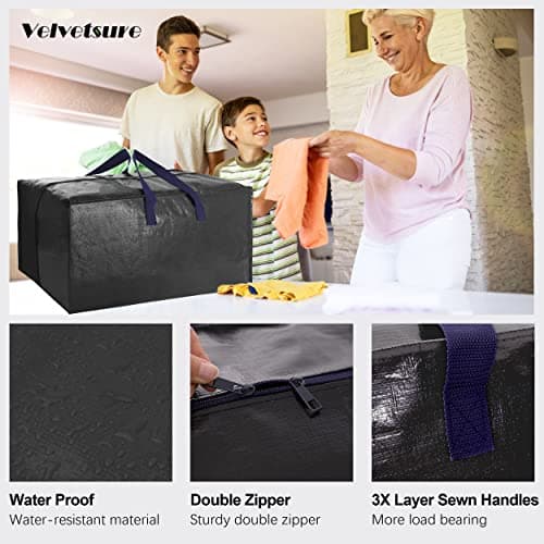 VELVETSURE Heavy Duty Extra Large Moving Bags W/Backpack Straps - Strong Handles & Zippers, Storage Totes For Space Saving, Fold Flat, Alternative to Moving Box and Storage Bin (Set of 6, Black) - Thumbnail 3