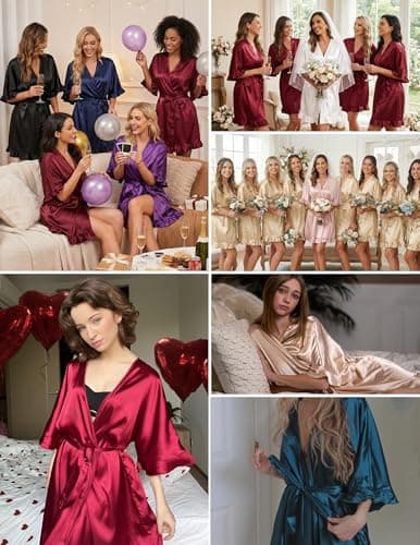 Ekouaer Silk Robes for Women Short Lightweight Bathrobe Ruffled Satin Kimono Robes Sexy Bride Bridesmaid Sleepwear Khaki L - Thumbnail 5