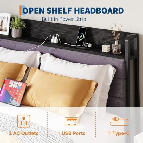 Takywep Full Bed Frame with Shelf Headboard, Heavy Duty Bed Frame with Storage, Bed Frames with 2 Drawers, Black Bedframe with Charging Station, No Box Spring Needed, Full Size - Thumbnail 3