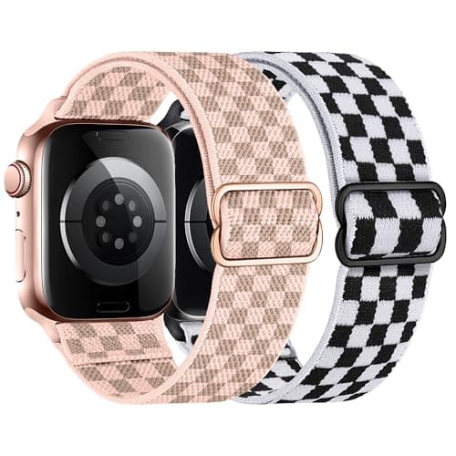 XSMDAJDTXZ 2 Pack Stretchy Solo Loop Compatible with Apple Watch Band 40mm 41mm 44mm 45mm 46mm 49mm 38mm 42mm Women Men, Sport Nylon Elastic Straps Braided Wristbands for iphone Watch Series 11 10 9 8 7 6 5 4 3 Ultra SE (Black white/pink, 38mm/40mm/41mm/42mm(Series 10))