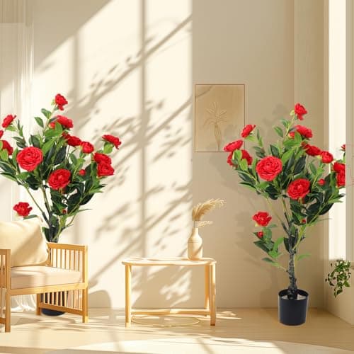 2 Pack Artificial Camellia Tree, 36" Red Faux Camellia Plant, Fake Indoor Outdoor Tree for Home, Office, Porch, Living Room, Red - Thumbnail 6