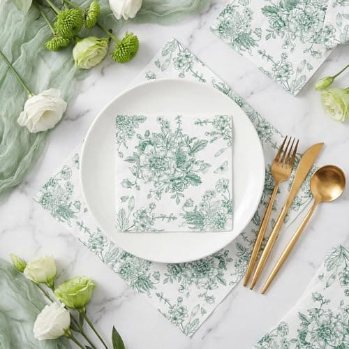 NatNarr 100 Pcs Floral Napkins, Green and White Toile Cocktail Napkins Vintage Flower Butterfly Design Chinoiserie Paper Napkin for Decoupage, St. Patrick's Day, Wedding, Bridal Shower, 5 x 5 Inch - Thumbnail 4