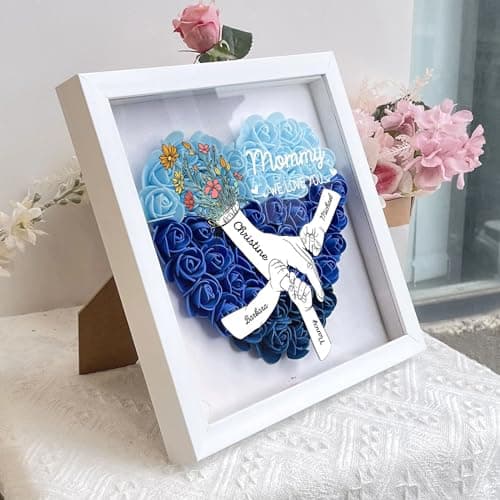 ROSLILY Custom Mom Flower Shadow Box Mom We Love You Flower Box Personalized Heart Shaped Name Frame for Mom Grandma Family Birthday (Hand by Hand, 8*8in/20*20cm) - Thumbnail 5