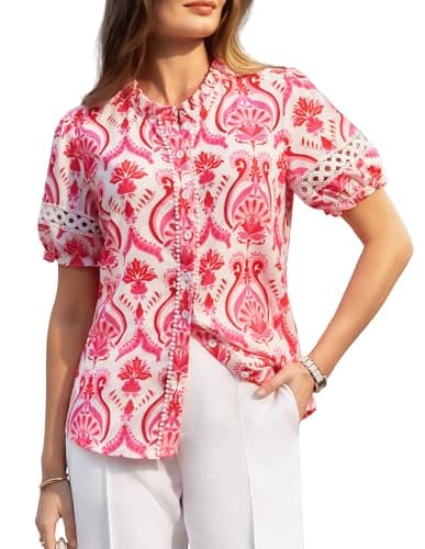 GRACE KARIN Women Boho Floral Tops, Summer Short Eyelet Sleeve Dressy Casual Shirts, Spring Button Down Blouse 2026 Trendy Red XX-Large - Image 1