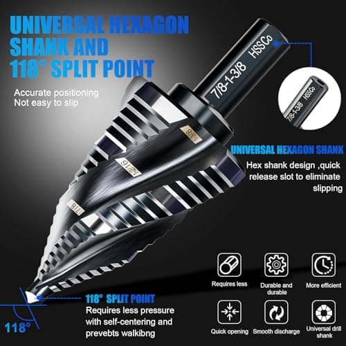 M35 Four Spiral Flute Step Drill Bit Set 1/4" - 1-3/8" （19 Sizes, 1/4" Hex Shank Unibit Step Drill bit, Impact Resistant M35 Cobalt Step Drill Bit, for Stainless Steel, Wood, Aluminum, Plastic - Thumbnail 3