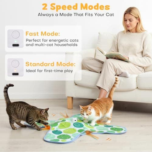 PETSWEET Interactive Cat Toys for Indoor Cats, Hide and Seek Cat Toy, 2 in 1 Automatic Moving Concealed Feathers Cat Toy Mat, Non-Slip Suction, Touch Activated, USB Rechargeable, Green - Thumbnail 5
