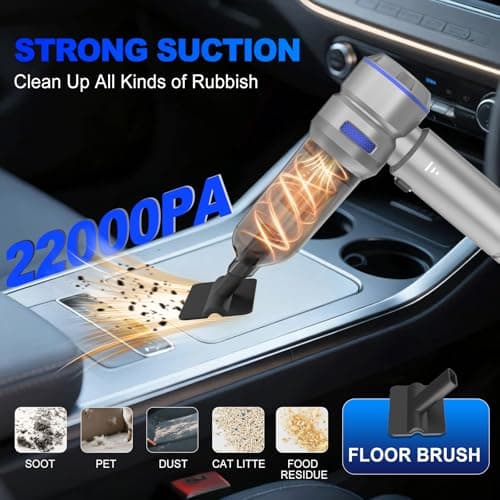 KedeeSparkle Handheld Car Vacuum Cordless, 22000PA Strong Suction Mini Vacuum Cleaner with Brushless Motor, 4-in-1 Portable Vacuum for Car Detailing, Home, Office & Travel, Silver Blue - Thumbnail 2