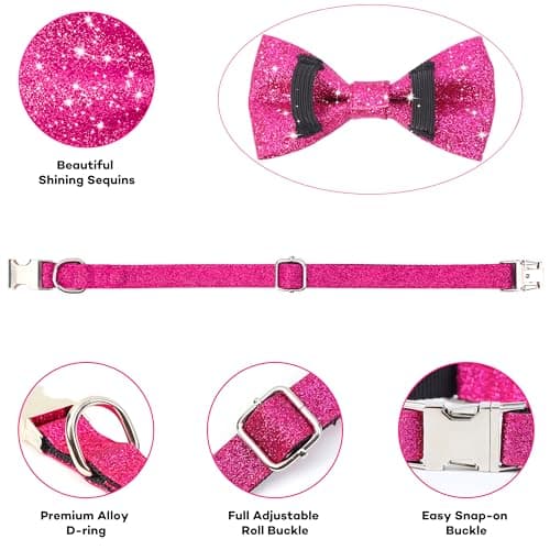 Jumpress Bling Bow Tie Dog Collar and Leash Set, Cute Pink Puppy Dog Collar with 5ft Leash for Small Dogs Daily Walking or Holiday Party (Hot Pink, Neck fit 9-12’’) - Thumbnail 3