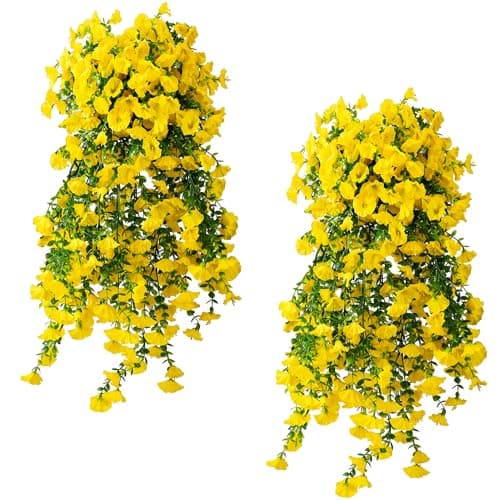 Fanfantoey Artificial Hanging Flowers for Outdoors, 2Pcs UV Resistant Fake Flowers, Realistic Faux Petunias Silk Long Vines Morning Glory Eucalyptus for Outside Planter Porch Patio Decor, Yellow - Image 1