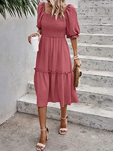 PRETTYGARDEN Women's Summer Casual Midi Dresses 2025 Spring Puff Sleeve Square Neck A-line Flowy Boho Smocked Beah Vacation Dress (Pink,L) - Thumbnail 4