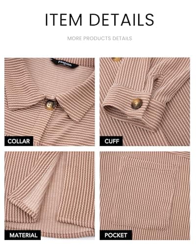 PRETTYGARDEN Women's Button Down Shirts 2026 Spring Long Sleeve Textured Tops Oversized Shacket Jacket Knit Blouses(Khaki,Large) - Thumbnail 4