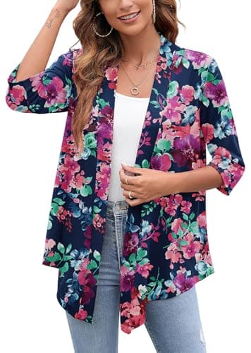 Heymoments Cardigan for Women Blue Colored Flower 3X-Large Draped Open-Front 3/4 Sleeve Lightweight Casual Soft Drape Summer Fall Kimonos Cardigans - Image 1