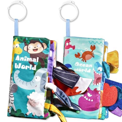 KIDS KING Soft Book Toys for Babies 0-18 Months, 2PCS Crinkle Cloth Books – Animals and Ocean Themes, Tails Sensory Book with Rings for Hang, Montessori Early Learning Infant Toy for 0-6-12-18 Month - Image 1