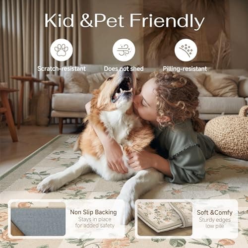 HUGEAR 2x6 Runner Checkered Rugs for Hallways Machine Washable Beige Long Carpet Floral Print Non-Slip Stain Resistant Low Pile Indoor Throw for Entrance Kitchen Bedroom Dining Laundry - Thumbnail 3