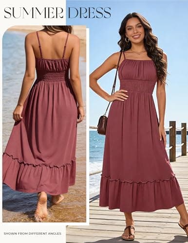 GRACE KARIN Womens Spaghetti Strap Dress Flowy Ruffle Dresses Sleeveless Swing A-Line Sundress Smocked Cami Dress with Pockets Brick Red L - Thumbnail 2