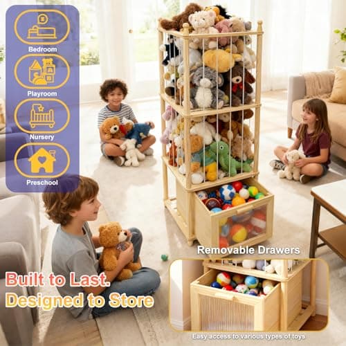 Kompaktayc Stuffed Animal Storage with Clear-View Drawer, Wooden Stuffed Animal Zoo Organizer for Nursery & Playroom, Holder for Plush Toys,Balls,Blocks,Wooden Home Decor - Thumbnail 4