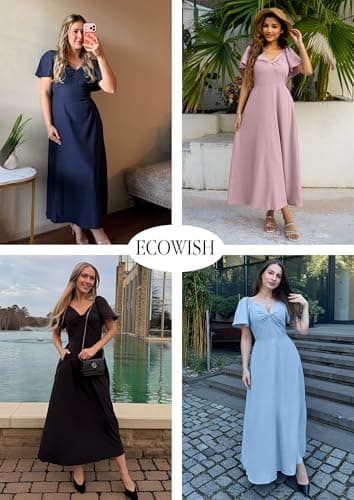 ECOWISH Womens Summer Maxi Dresses: 2026 Casual Flutter Short Sleeve Twist Front Long Flowy Wedding Guest Dress with Pockets 482Navy Blue S - Thumbnail 5