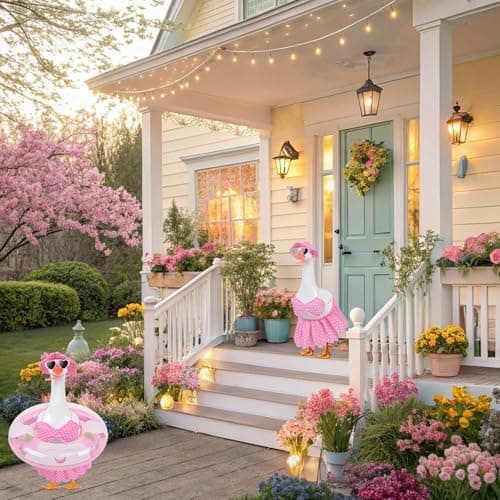 yuboo Spring Porch Goose Outfit Bikini Goose Outfits, Pink Easter Geese Outfits Clothes Costume with Sunglasses Swim Ring for 23in Porch Goose Outdoor Statues - Thumbnail 2